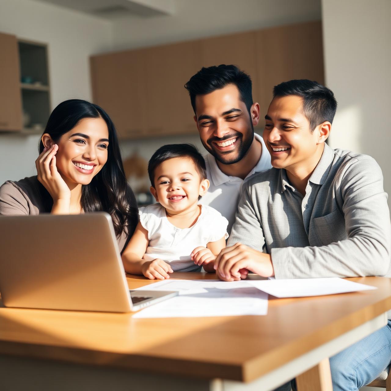 Relieved family reviewing their finances at home
